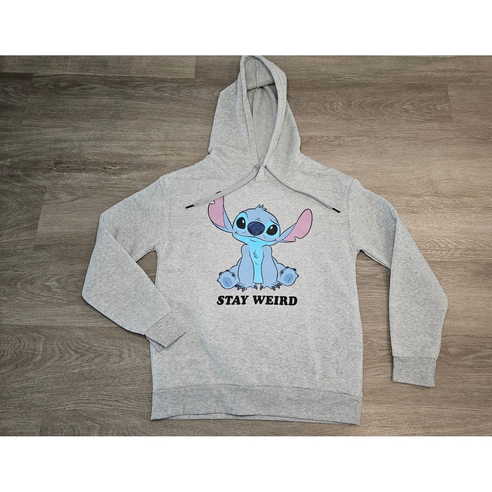 Disney Lilo & Stitch Stay Weird Graphic Hoodie Gray Fleece Pullover Womens M